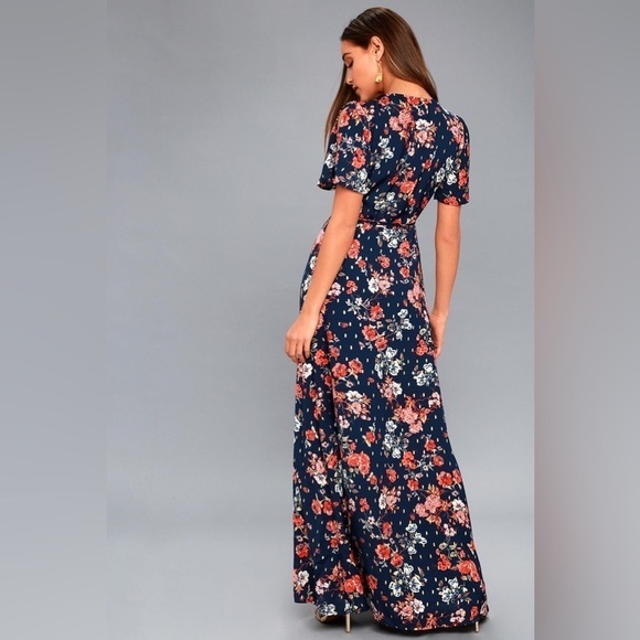 Lulus Divine Days Navy Blue Floral Wrap Maxi Dress XS - Picture 3 of 14